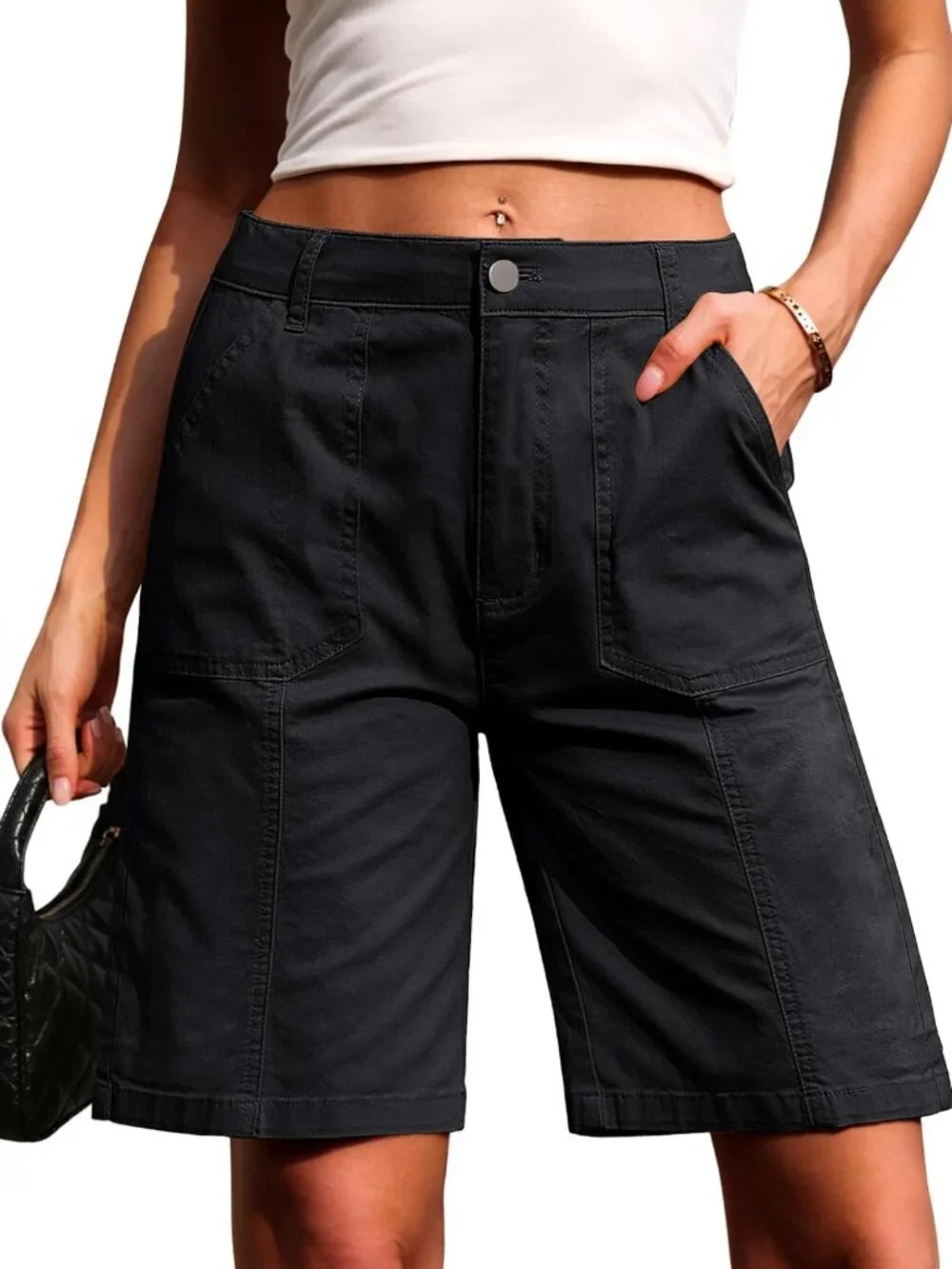 Women’s Long Knee-Length Denim Bermuda Shorts, Stretchy Cotton Jorts with